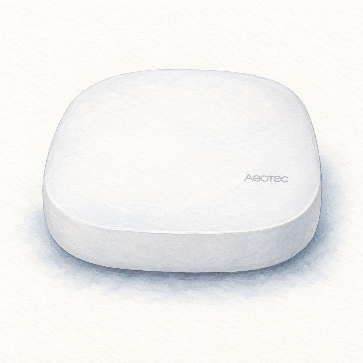 Illustration of the white low-profile rounded-square Aeotec GP-AEOHUBV3 Smart Home Hub; not a product photo, rear ports out of view and cables and power adapter omitted