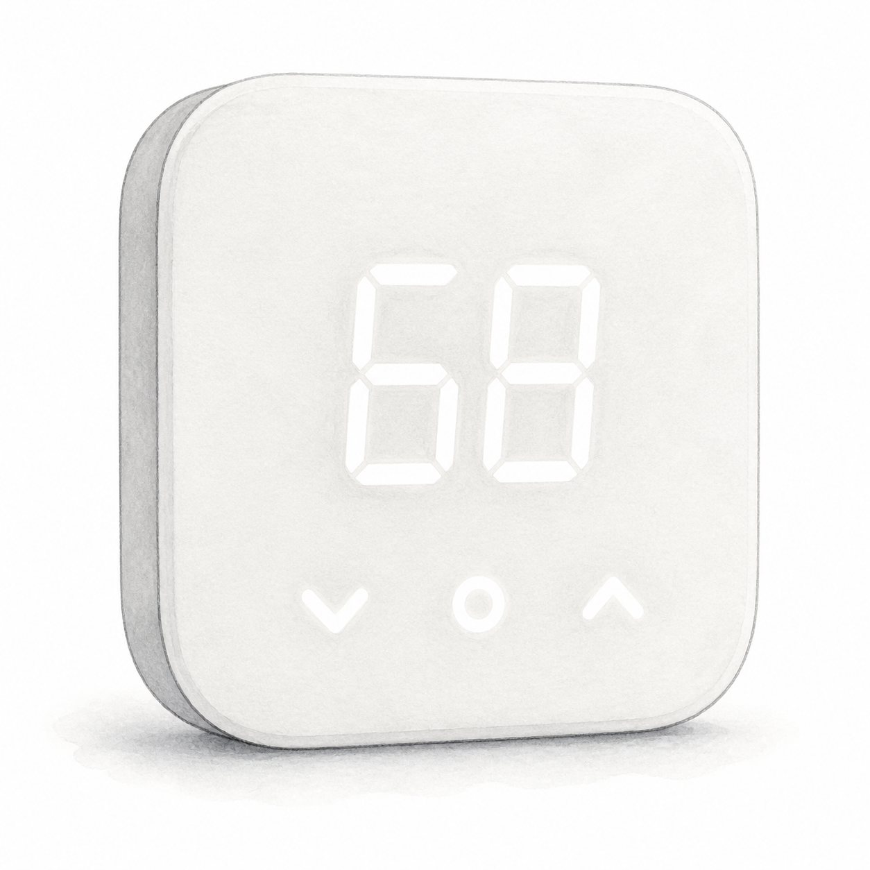 Illustration of the white rounded-square Amazon Smart Thermostat with a sample 68 display and three lower controls; not a product photo or installation kit