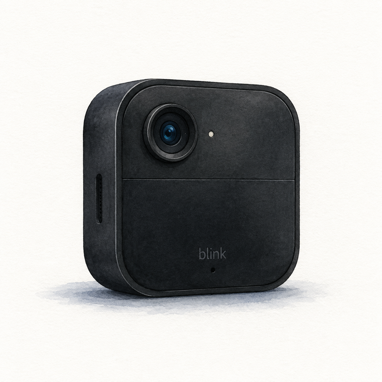 Illustration of one black rounded-square Blink Outdoor 4 with an offset upper lens; not a product photo, required Sync Module, mount and batteries not shown