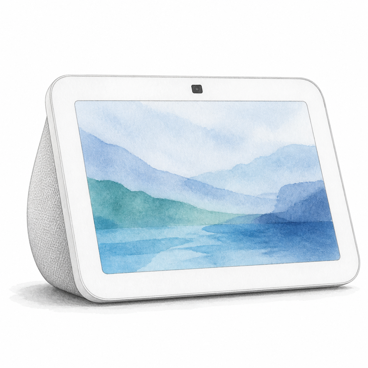 Illustration of the white Echo Show 8 third-generation family with a centered camera and rounded rear speaker; not a product photo, screen artwork is illustrative and accessories are omitted