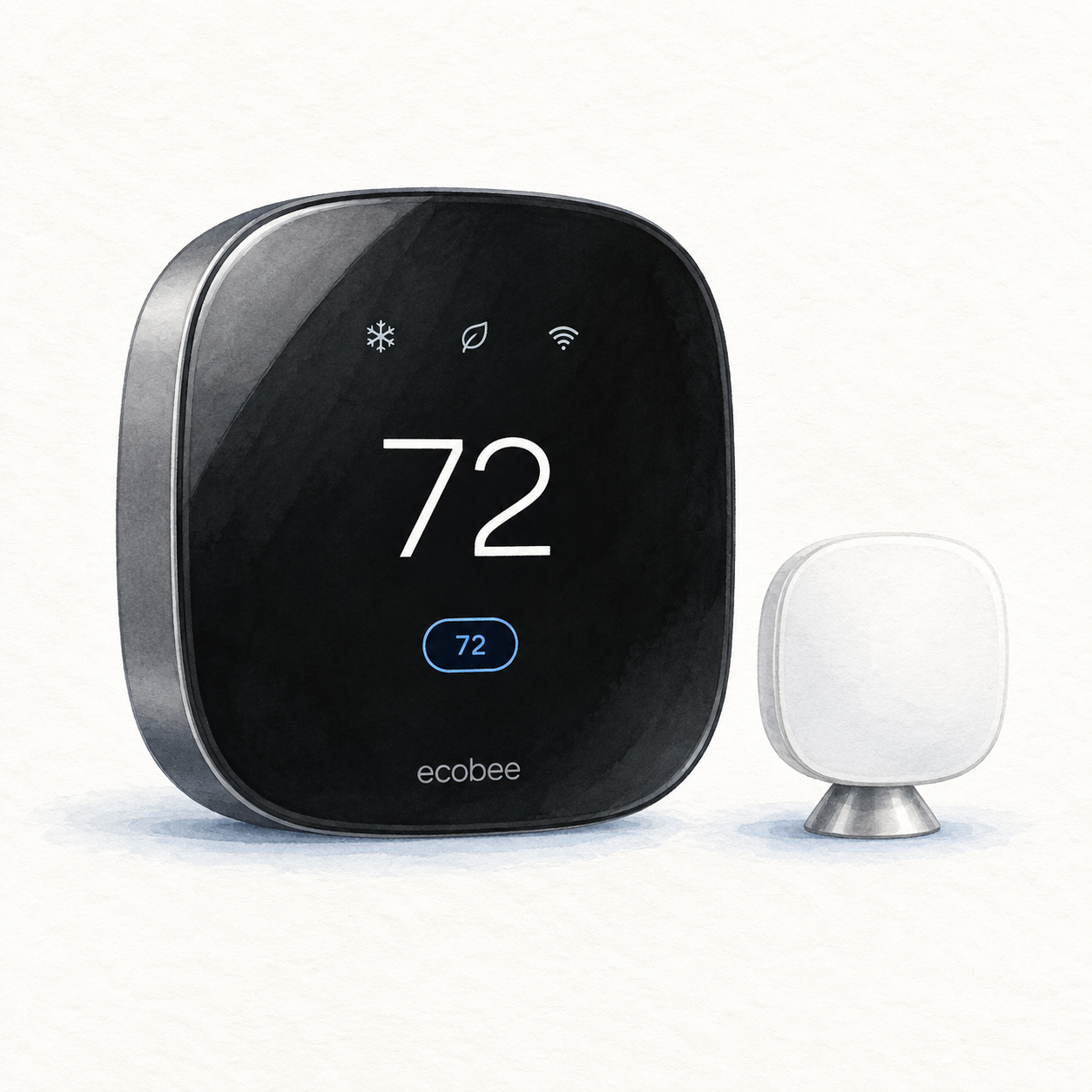Illustration of the black ecobee Smart Thermostat Premium with one white room SmartSensor and a sample 72 display; not a product photo or complete installation kit