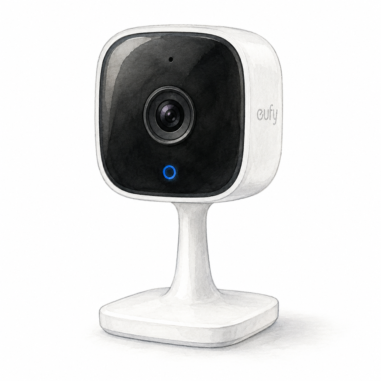 Illustration of the fixed eufy Indoor Cam C120 family with a black rounded-square camera face and white pedestal; not a product photo, cables and accessories omitted