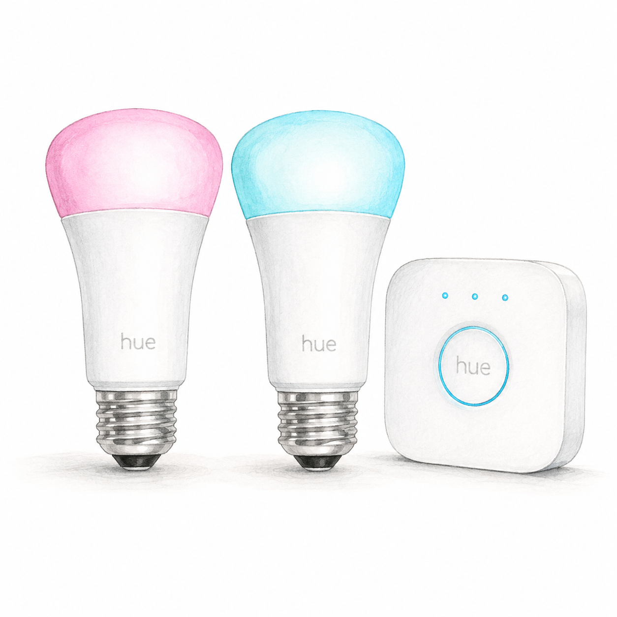 Illustration of two E26 color bulbs and a white square Hue Bridge from kit 562918; illustrative colors, not a product photo, cables and accessories omitted