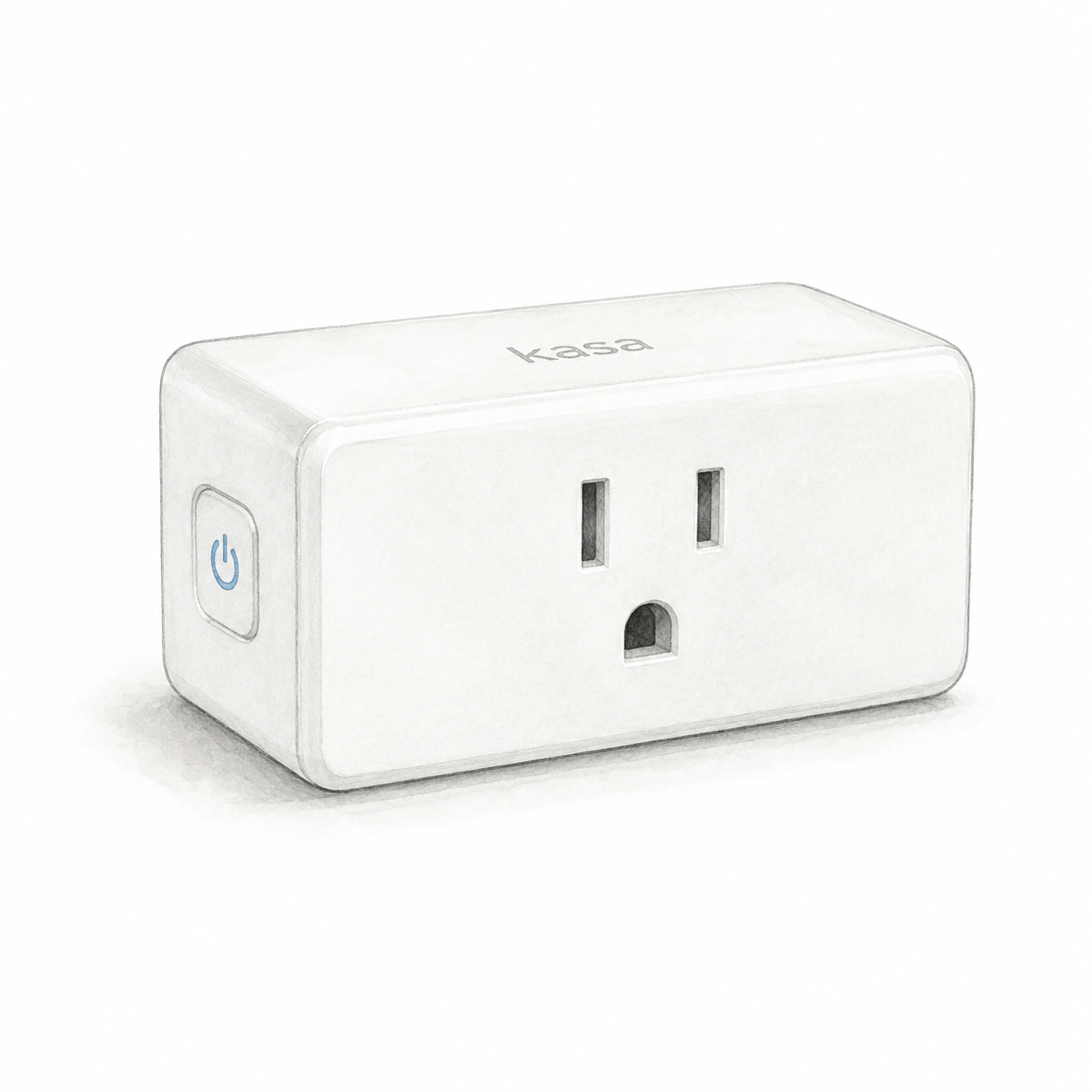 Illustration of one white rectangular Kasa EP10 US smart plug with a grounded front outlet and side button; not a product photo or the complete EP10P2 two-pack