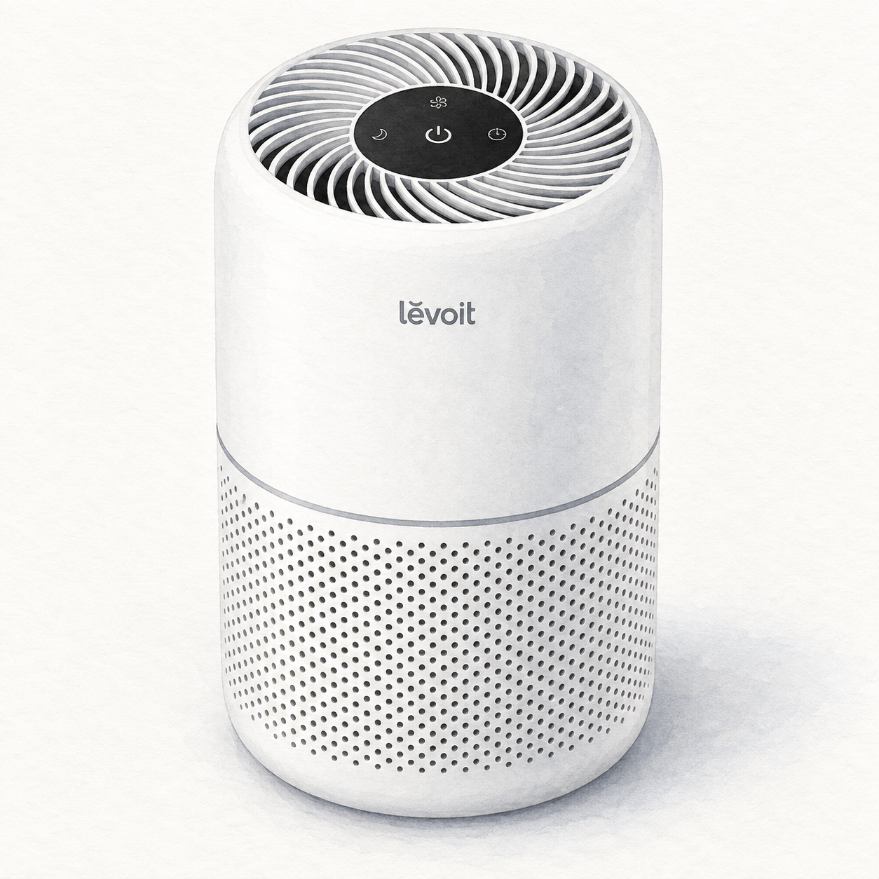 Illustration of the white cylindrical Levoit Core 300S with perforated lower intake and spiral top outlet; not a product photo, controls simplified, cord and internal filter out of view