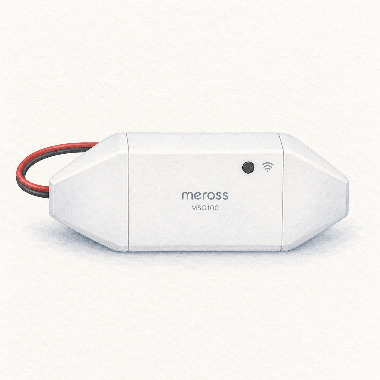 Illustration of the white tapered Meross MSG100 add-on controller with paired signal wire; not a product photo or wiring diagram, markings simplified, door sensor, power supply and mounting accessories omitted