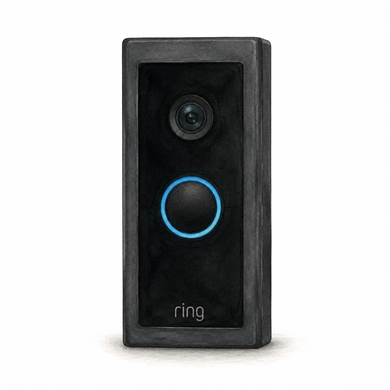 Illustration of the original black Ring Video Doorbell Wired with an upper camera and blue-ringed round button; not a product photo or full installation kit