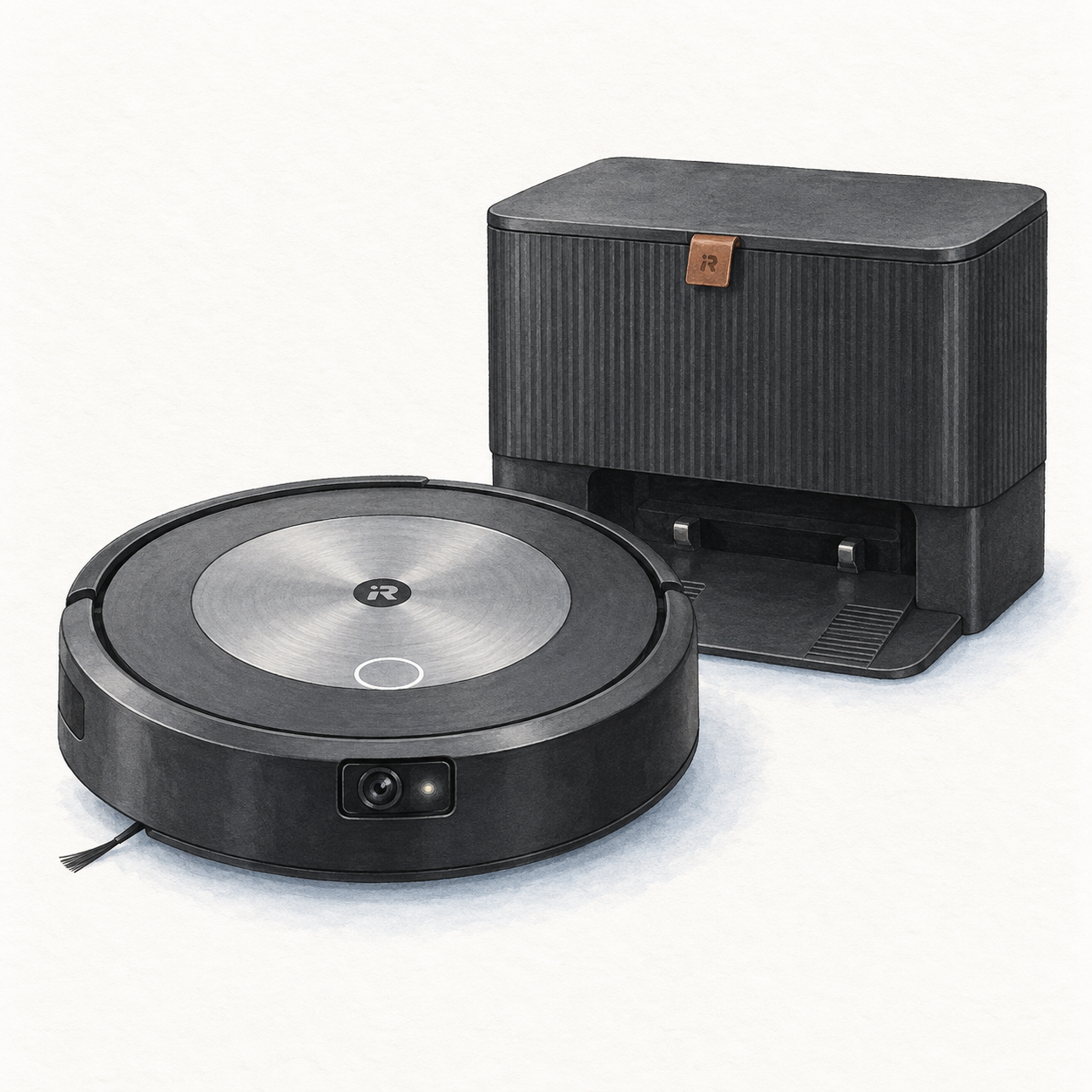 Illustration of the original flat-top Roomba j7+ vacuum with a front camera and black Clean Base; not a product photo, no mop, cables and spare accessories omitted