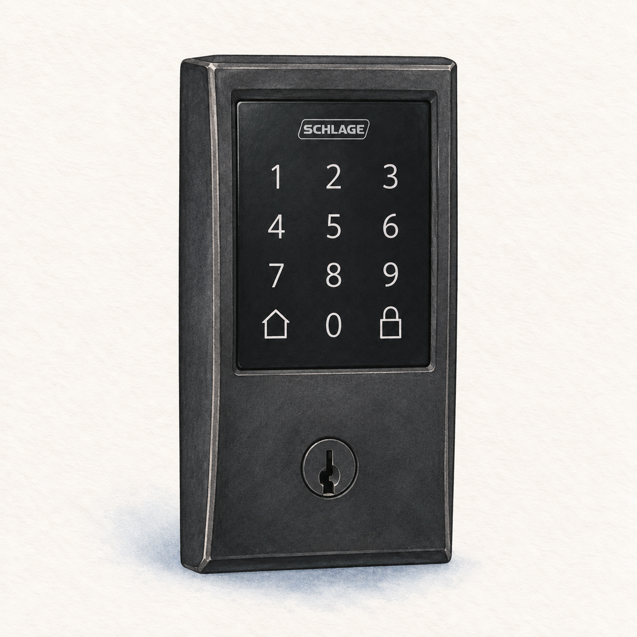 Illustration of the matte-black Schlage Encode BE489WB CEN 622 exterior with rectangular keypad and mechanical key cylinder; not a product photo, interior unit, bolt, batteries and installation hardware omitted