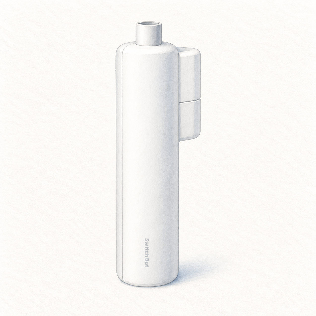 Illustration of the slim white SwitchBot Blind Tilt actuator with side coupling housing; not a product photo, blind wand, solar panel, hub and installation accessories omitted