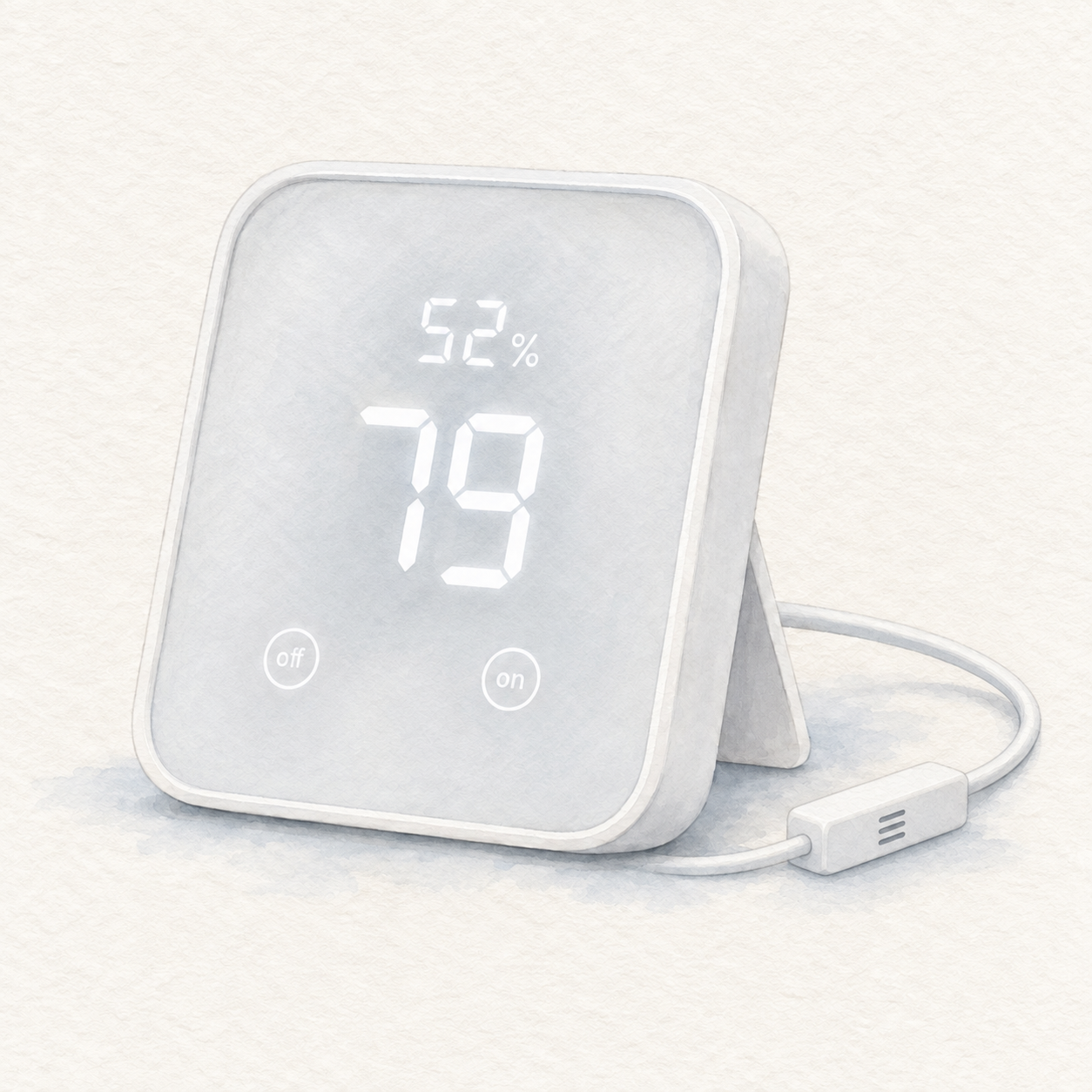 Illustration of the white SwitchBot Hub 2 with off-on touch buttons, rear stand and inline cable sensor; not a product photo, readings are illustrative and power adapter is omitted