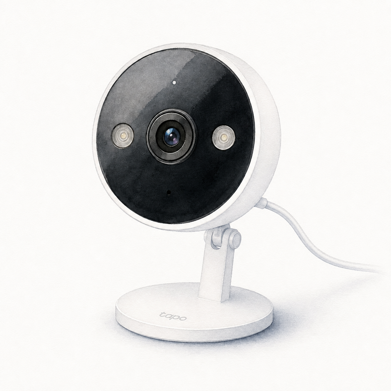 Illustration of the white Tapo C120 with a round black face, two lateral spotlights and a round magnetic base; not a product photo, power adapter and installation accessories omitted