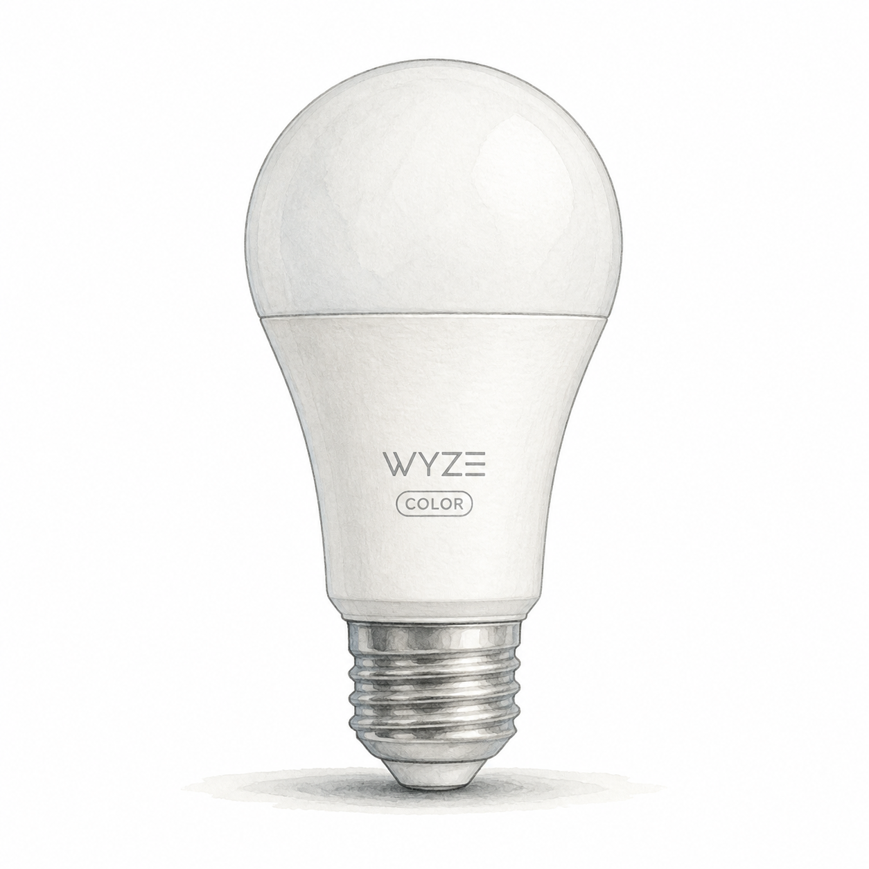Illustration of one unlit Wyze Bulb Color A19 bulb with a white diffuser and E26 screw base; not a product photo or the complete seller multipack