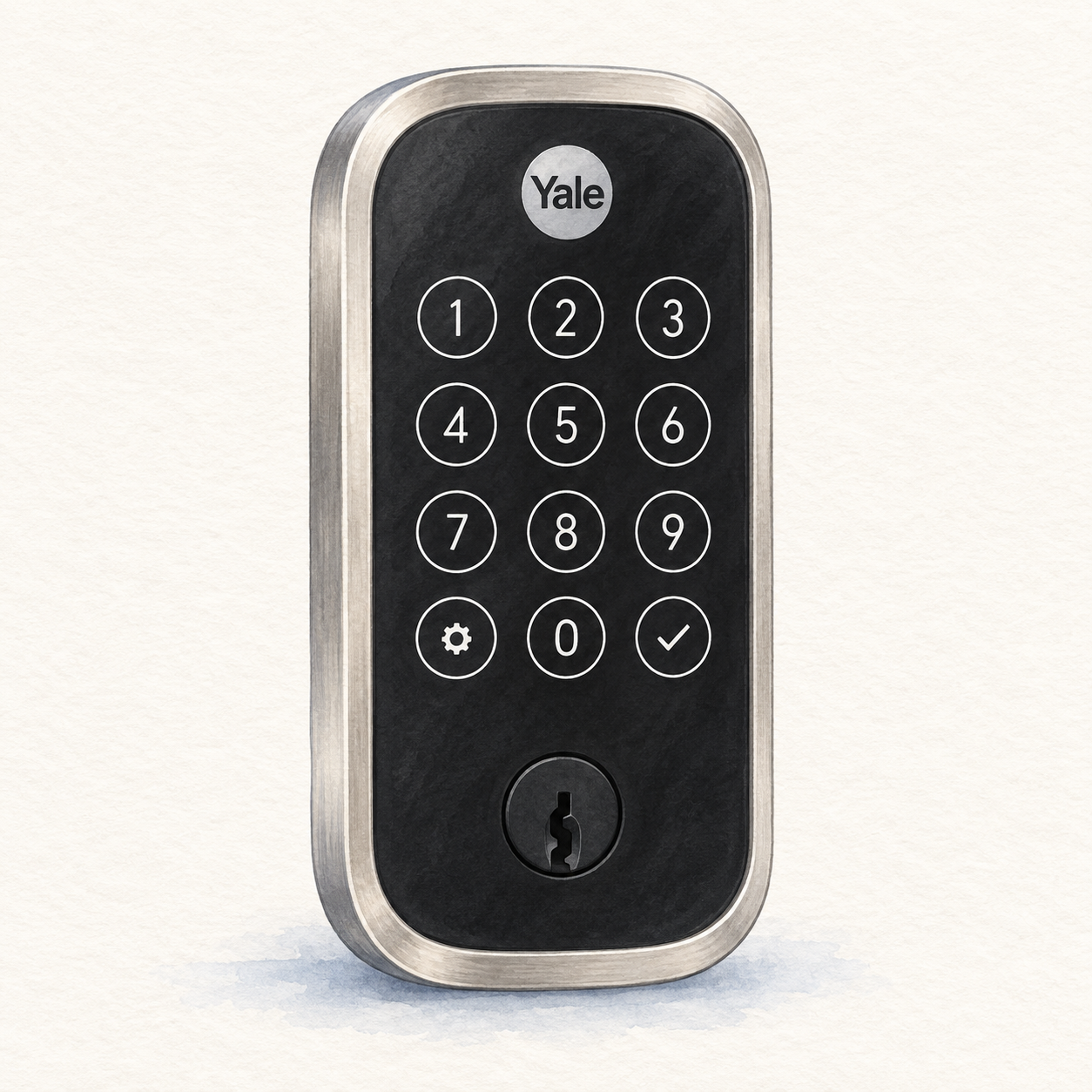 Illustration of the satin-nickel Yale Assure Lock 2 YRD420-WF1-619 keyed exterior with circular touchscreen digits; not a product photo, no fingerprint reader, interior unit, DoorSense and installation accessories omitted